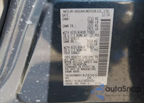 2015 Nissan Pathfinder Sv from USA, damaged, VIN 5N1AR2MN0FC626565